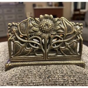 Vintage Brass Mail Letter Napkin Holder Art Nouveau Sunflowers Floral Petina